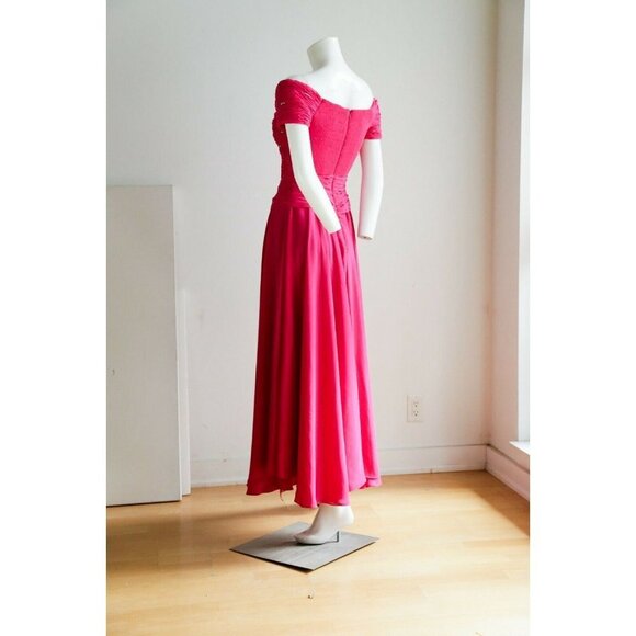 Vintage Pink Gathered Ruched Bodice Off The Shoulder Chiffon Gown w rhinestones - Picture 8 of 12